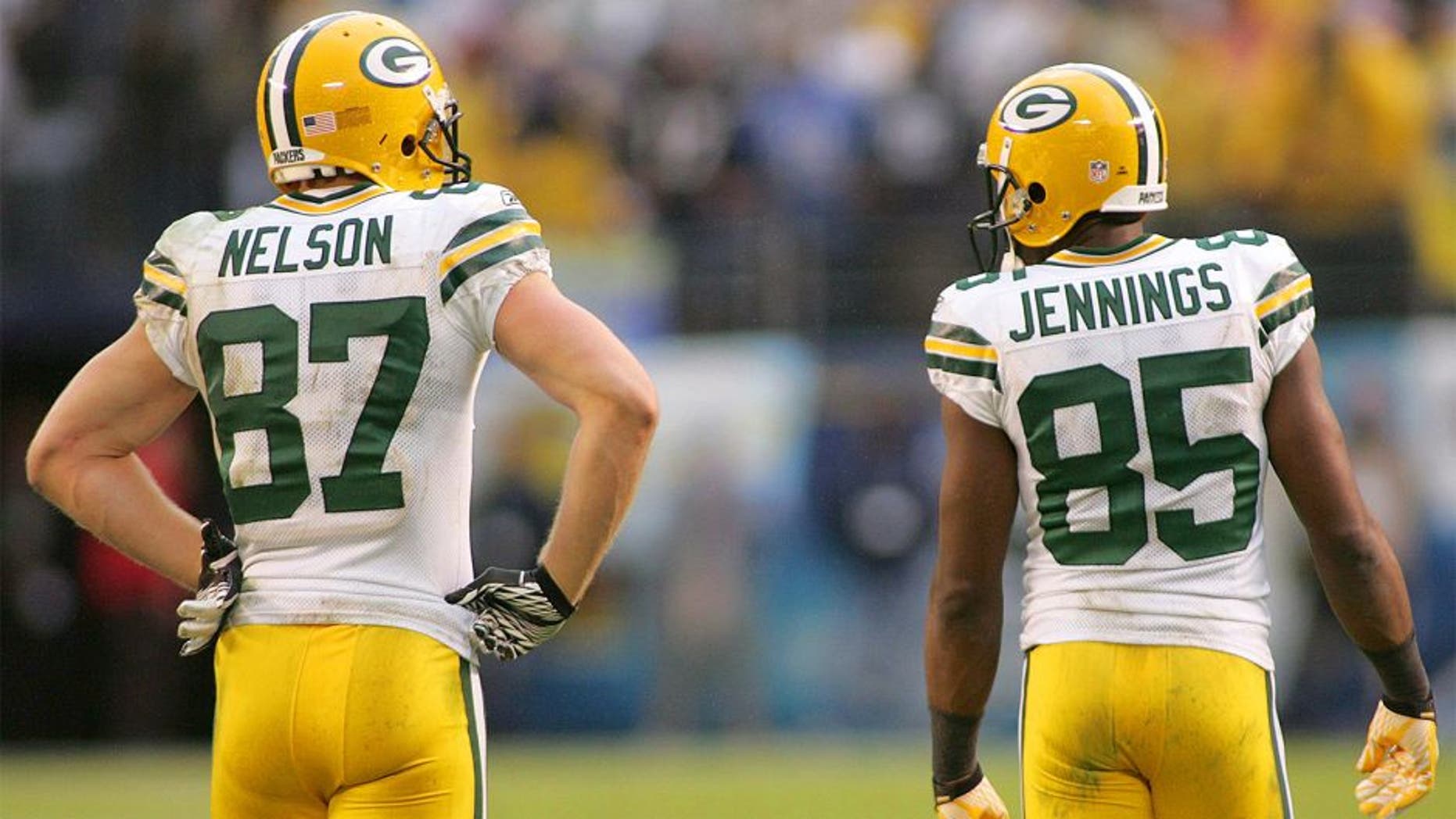 Nov 6, 2011; San Diego, CA, USA; Green Bay Packers wide receiver Jordy Nelson (87) and wide receiver Greg Jennings (85) during the fourth quarter against the San Diego Chargers at Qualcomm Stadium. Mandatory Credit: Jake Roth-USA TODAY Sports