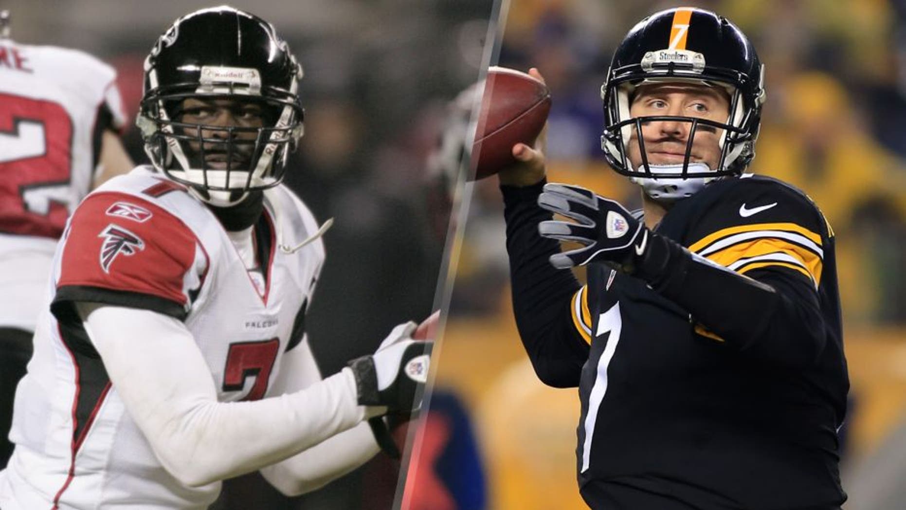 Michael Vick #7 of the Atlanta Falcons in action against the Chicago Bears on December 18, 2005 at Soldier Field Stadium in Chicago, Illinois. (Photo by Sporting News via Getty Images) Ben Roethlisberger #7 of the Pittsburgh Steelers plays against the Baltimore Ravens during the Wild Card game on January 3, 2015 at Heinz Field in Pittsburgh, Pennsylvania. (Photo by Justin K. Aller/Getty Images)