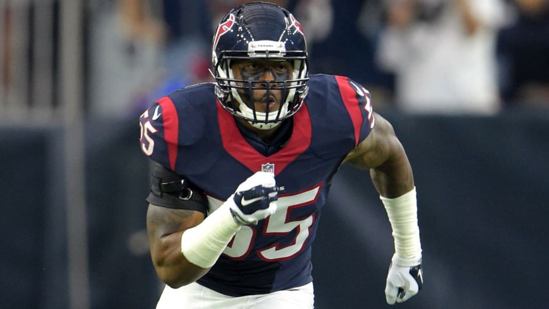 Aug 15, 2015; Houston, TX, USA; Houston Texans linebacker Benardrick McKinney (55) against the San Francisco 49ers in a preseason NFL football game at NRG Stadium. Mandatory Credit: Kirby Lee-USA TODAY Sports