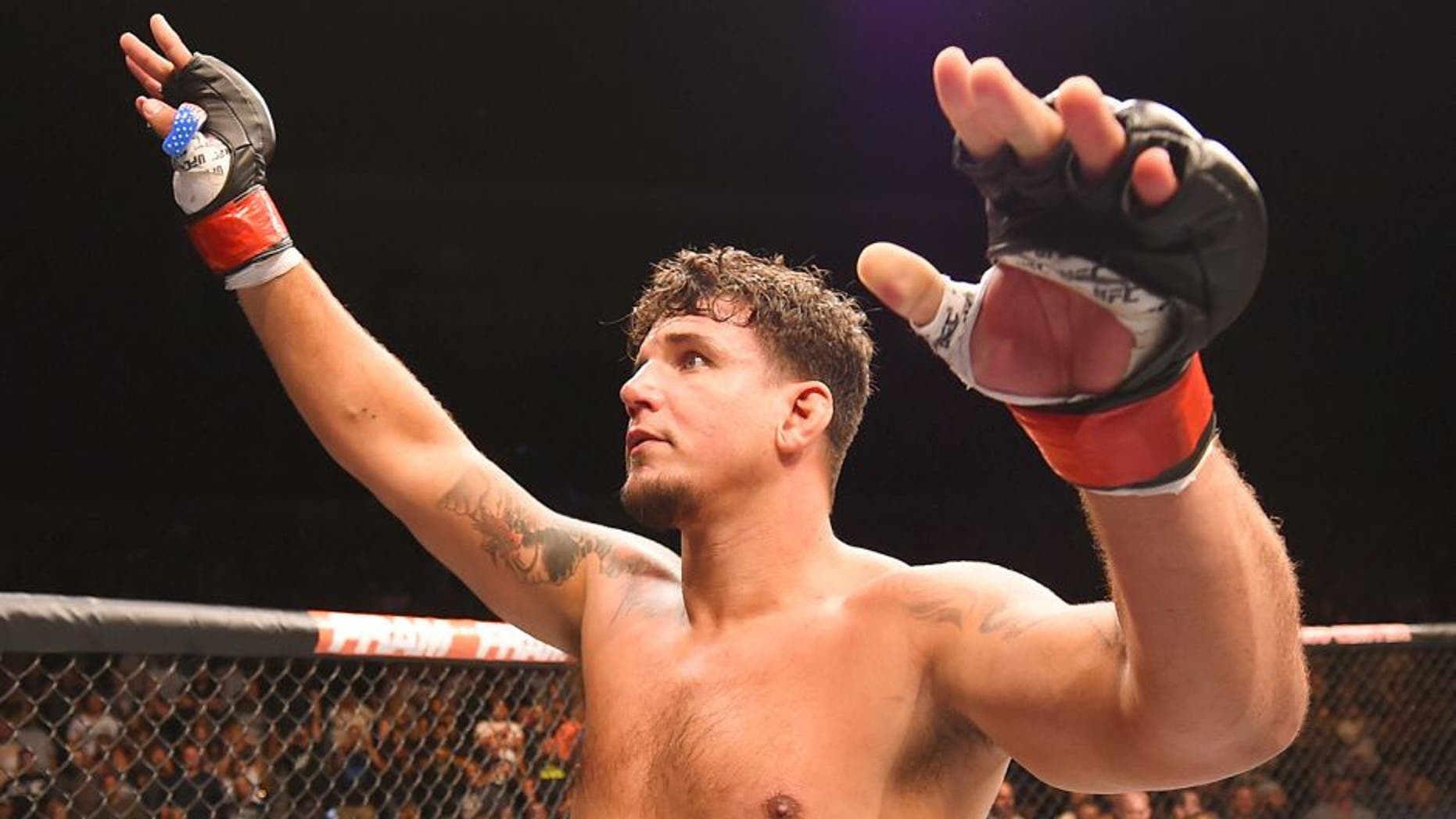 SAN DIEGO, CA - JULY 15: Frank Mir celebrates his knockout victory over Todd Duffee in their heavyweight bout during the UFC event at the Valley View Casino Center on July 15, 2015 in San Diego, California. (Photo by Jeff Bottari/Zuffa LLC/Zuffa LLC via Getty Images)