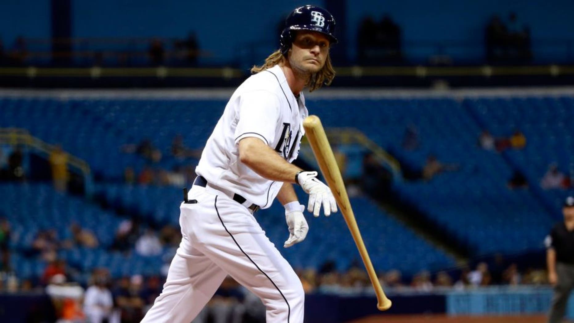 Aug 26, 2015; St. Petersburg, FL, USA; Tampa Bay Rays designated hitter John Jaso (28) walks during the fourth inning against the Minnesota Twins at Tropicana Field. Mandatory Credit: Kim Klement-USA TODAY Sports