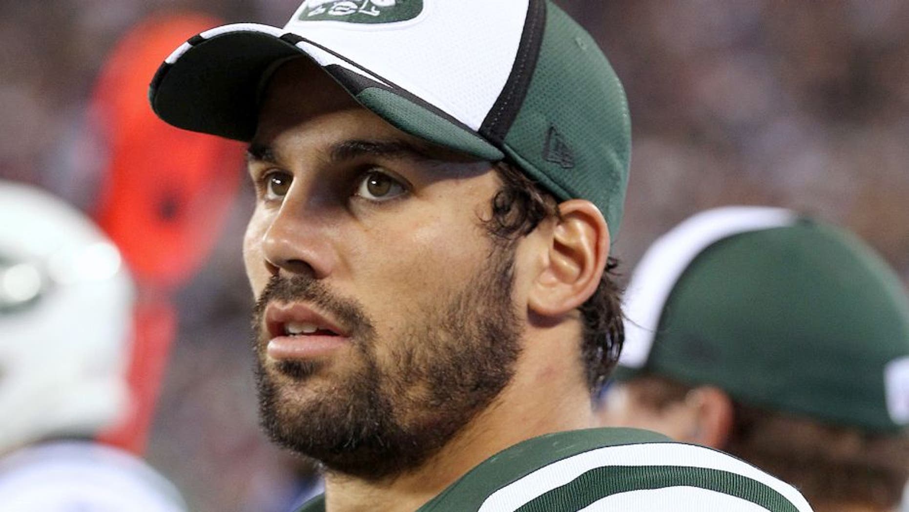 Aug 22, 2014; East Rutherford, NJ, USA; New York Jets wide receiver Eric Decker (87) on the bench against the New York Giants during the second half at MetLife Stadium. The Giants defeated the Jets 35-24. Mandatory Credit: Adam Hunger-USA TODAY Sports