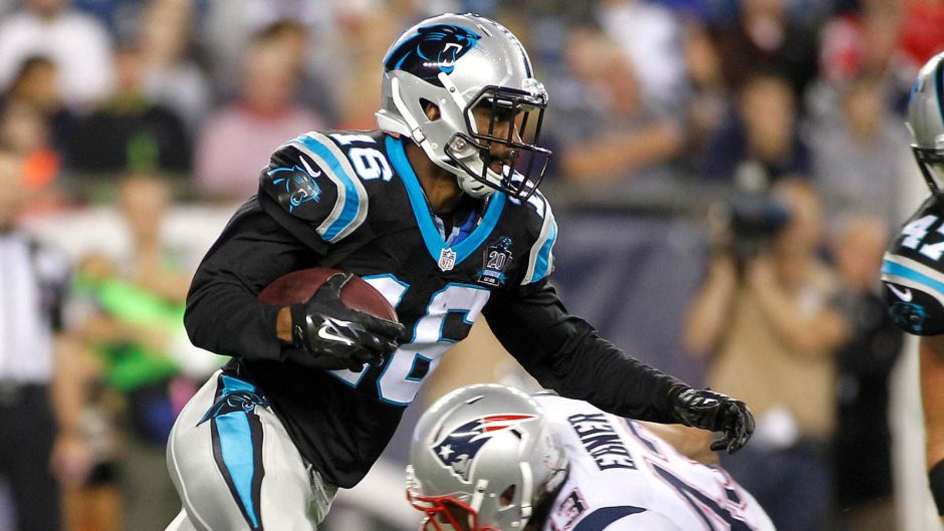 Aug 22, 2014; Foxborough, MA, USA; Carolina Panthers wide receiver Philly Brown (16) runs against the New England Patriots during the first quarter at Gillette Stadium. Mandatory Credit: Stew Milne-USA TODAY Sports