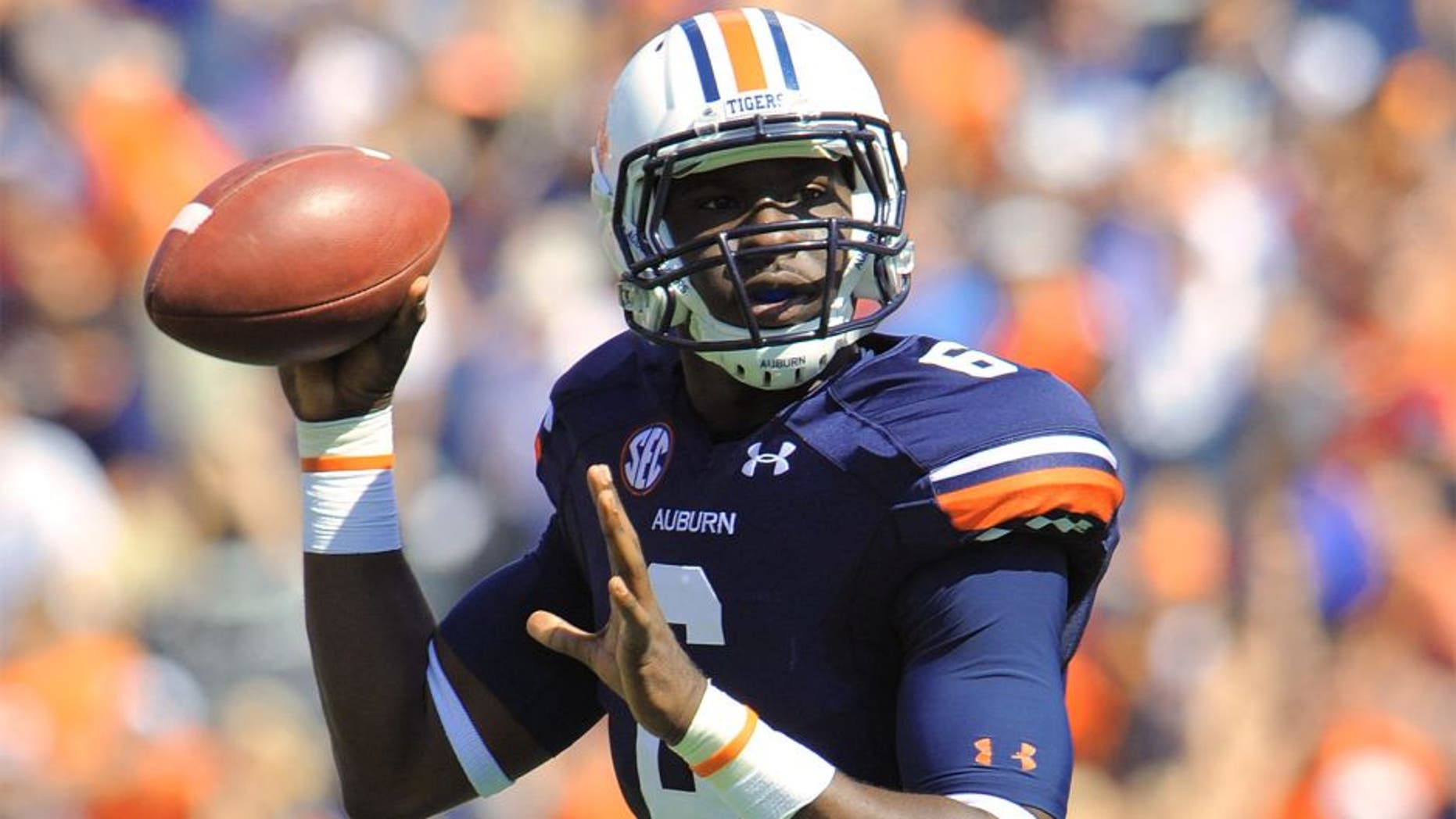 Oct 12, 2013; Auburn, AL, USA; Auburn Tigers quarterback Jeremy Johnson (6) looks to pass during the first quarter against the Western Carolina Catamounts at Jordan Hare Stadium. Mandatory Credit: Shanna Lockwood-USA TODAY Sports