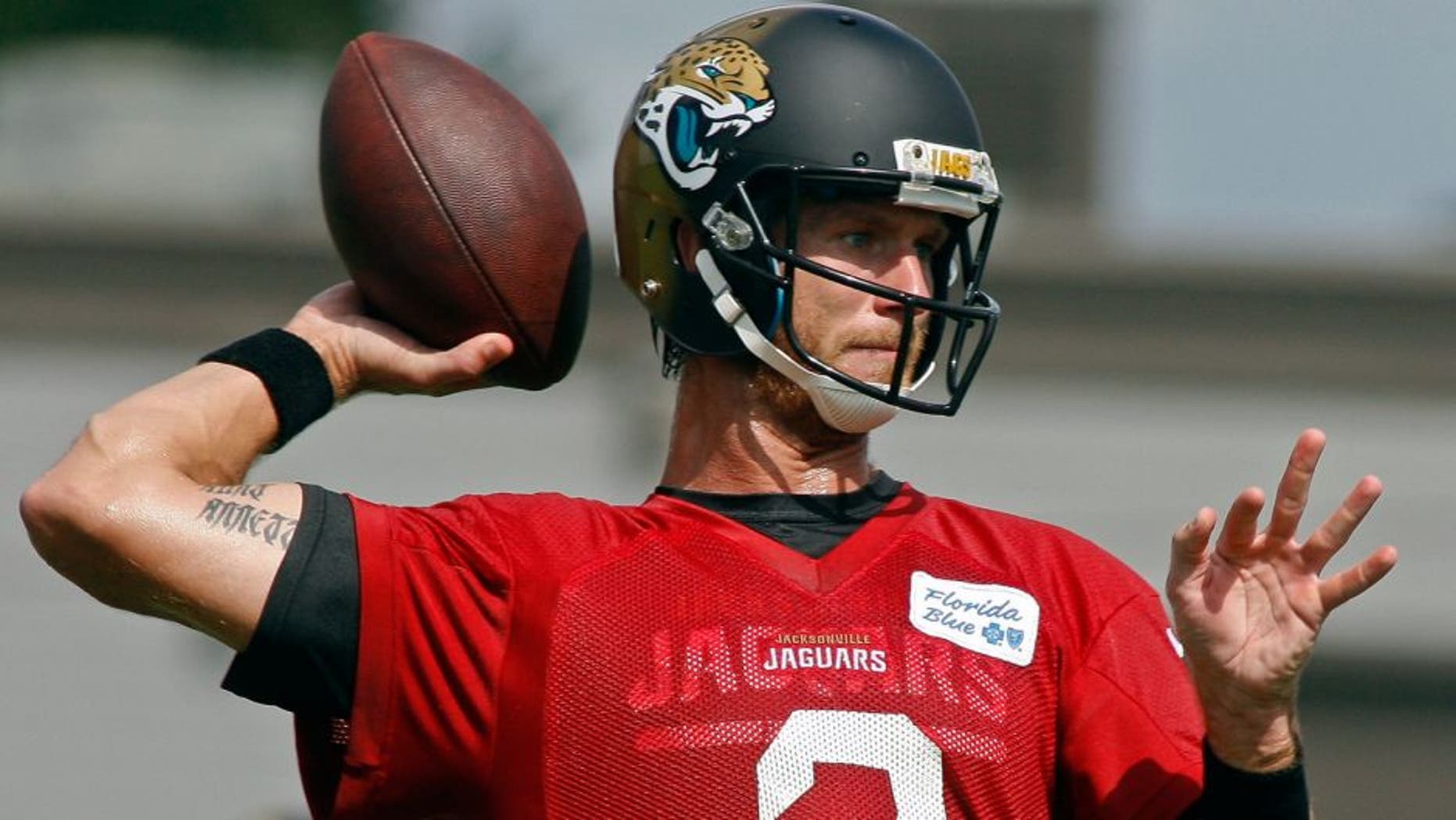 Jul 25, 2014; Jacksonville, FL, USA; Jacksonville Jaguars quarterback Ricky Stanzi (2) throws during the first day of training camp at Florida Blue Health and Wellness Practice Fields. Mandatory Credit: Phil Sears-USA TODAY Sports
