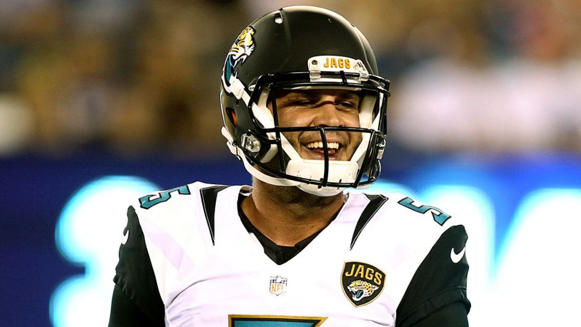 Aug 22, 2015; East Rutherford, NJ, USA; Jacksonville Jaguars quarterback Blake Bortles (5) smiles during the first half against the New York Giants at MetLife Stadium. Mandatory Credit: Danny Wild-USA TODAY Sports