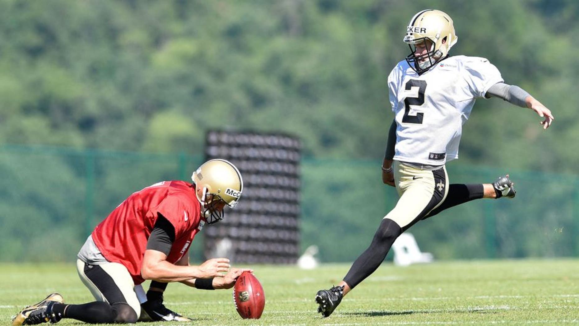 Aug 3, 2015; White Sulphur Springs, WV, USA; New Orleans Saints kicker Zach Hocker (2) attempts a field goal during training camp at The Greenbrier. Mandatory Credit: Michael Shroyer-USA TODAY Sports