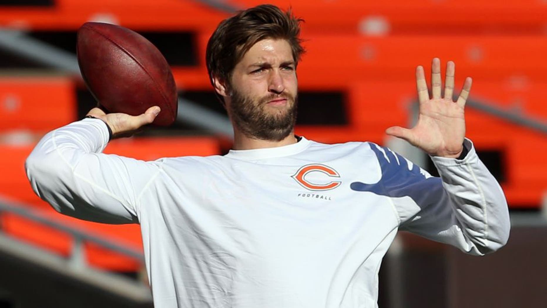 Aug 28, 2014; Cleveland, OH, USA; Chicago Bears quarterback Jay Cutler (6) warms up before a game against the Cleveland Browns at FirstEnergy Stadium. Mandatory Credit: Ron Schwane-USA TODAY Sports