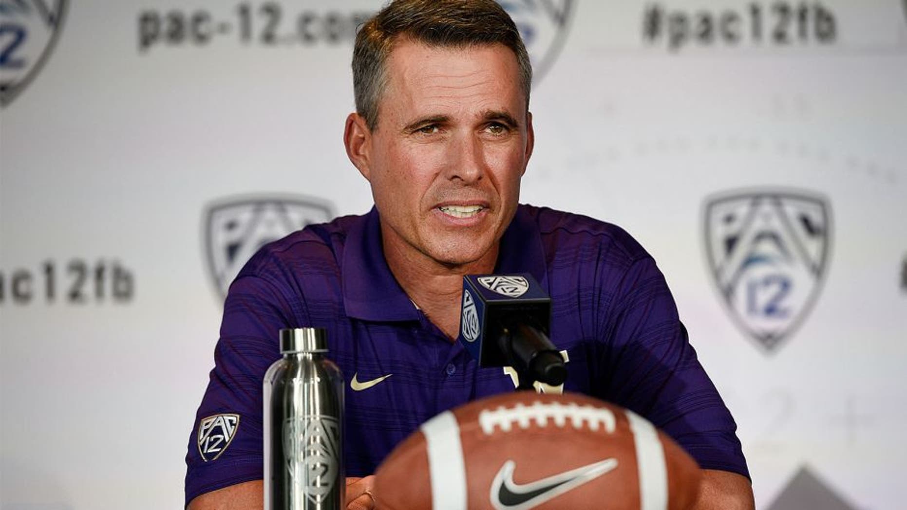 Jul 24, 2014; Hollywood, CA, USA; Washington Huskies head coach Chris Petersen talks to the media during the Pac-12 Media Day at the Studios at Paramount. Mandatory Credit: Kelvin Kuo-USA TODAY Sports