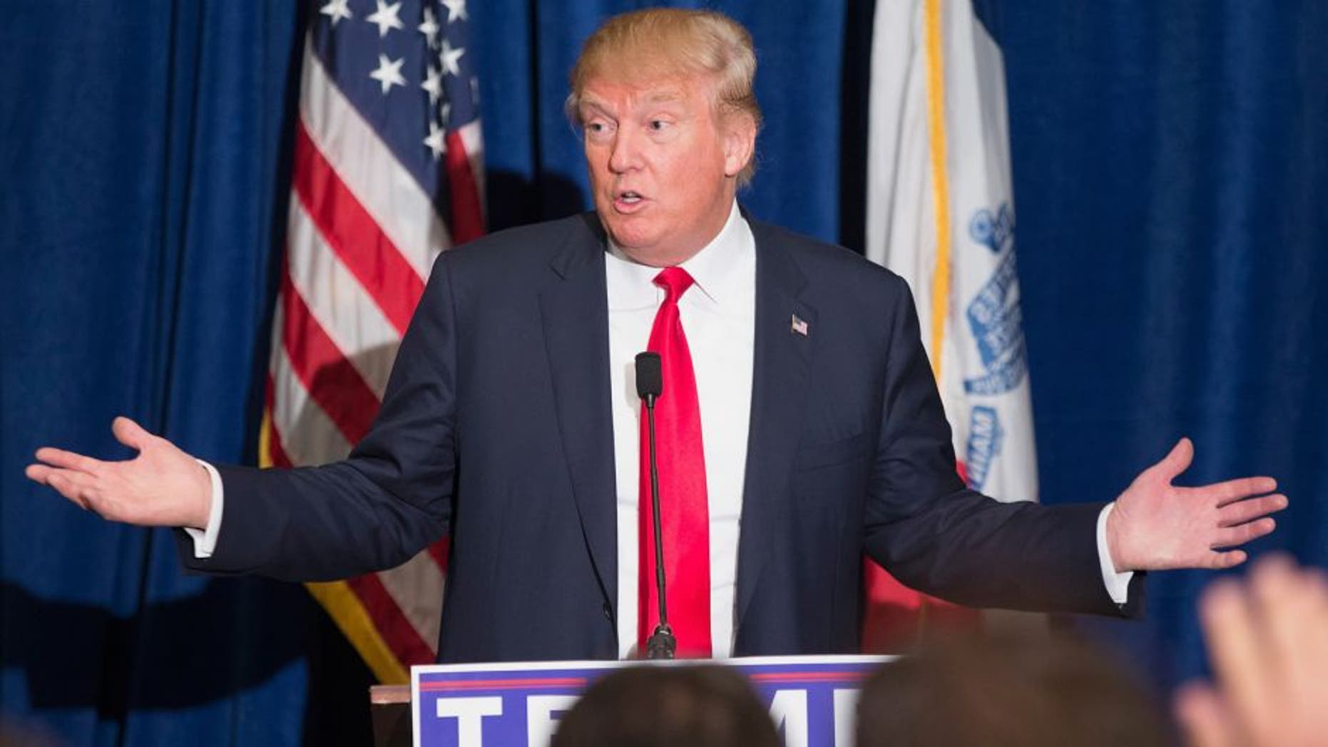 DUBUQUE, IA - AUGUST 25: Republican presidential candidate Donald Trump speaks at a press conference which he held before his campaign event at the Grand River Center on August 25, 2015 in Dubuque, Iowa. Trump leads most polls in the race for the Republican presidential nomination. (Photo by Scott Olson/Getty Images)