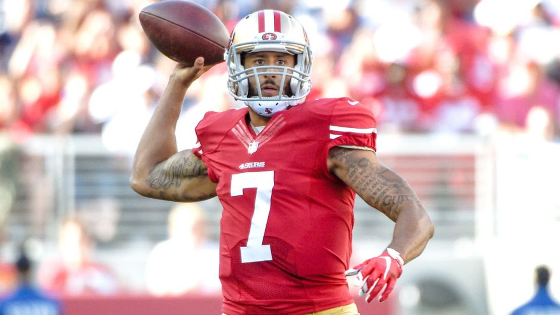 August 23, 2015; Santa Clara, CA, USA; San Francisco 49ers quarterback Colin Kaepernick (7) passes the football against the Dallas Cowboys during the first quarter at Levi's Stadium. Mandatory Credit: Kyle Terada-USA TODAY Sports