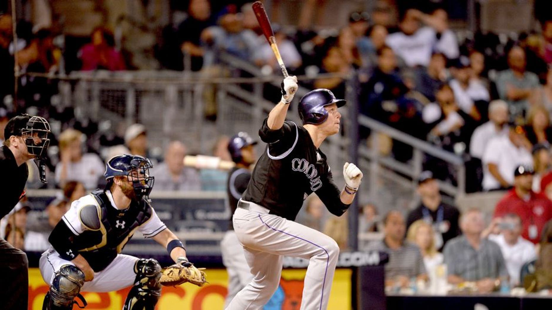 SAN DIEGO, CA - MAY 1: Justin Morneau #33 of the Colorado Rockies hits during the game against the San Diego Padres at Petco Park on May 1, 2015 in San Diego, California. (Photo by Andy Hayt/San Diego Padres/Getty Images)