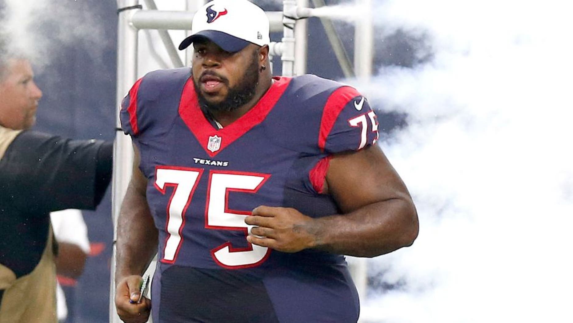 Aug 22, 2015; Houston, TX, USA; Houston Texans nose tackle Vince Wilfork (75) takes the field prior to the game against the Denver Broncos at NRG Stadium. Mandatory Credit: Matthew Emmons-USA TODAY Sports