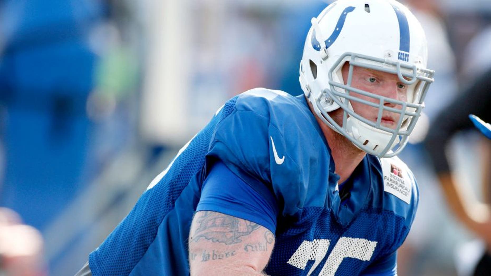 Aug 5, 2015; Anderson, IN, USA; Indianapolis Colts offensive tackle Jack Mewhort (75) blocks during training camp at Anderson University. Mandatory Credit: Brian Spurlock-USA TODAY Sports
