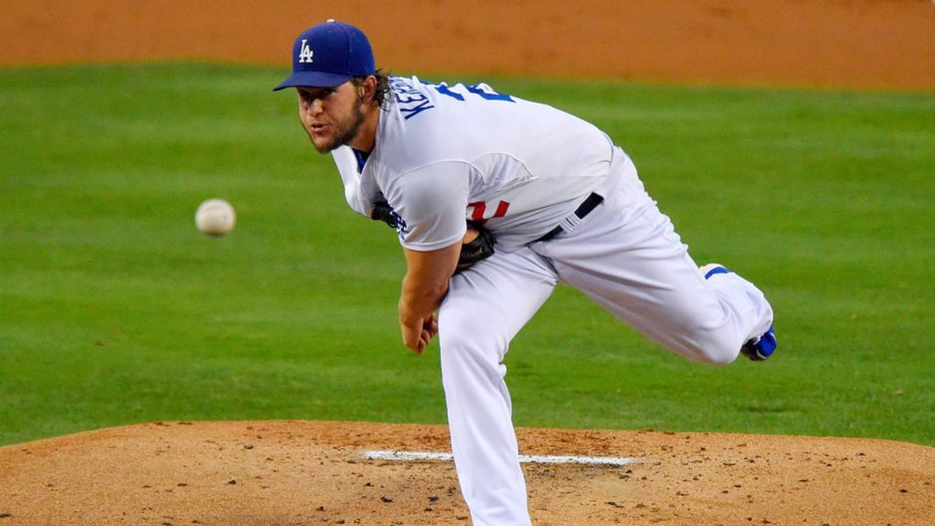 Los Angeles Dodgers starting pitcher Clayton Kershaw throws during the second inning of a baseball game against the Chicago Cubs, Friday, Aug. 28, 2015, in Los Angeles. (AP Photo/Mark J. Terrill)