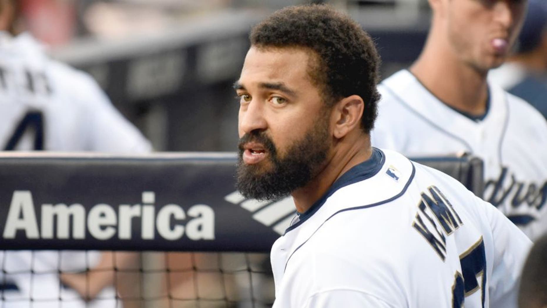 SAN DIEGO, CA - AUGUST 21: Matt Kemp #27 of the San Diego Padres plays during a baseball game against the St. Louis Cardinals at Petco Park August 21, 2015 in San Diego, California. (Photo by Denis Poroy/Getty Images)