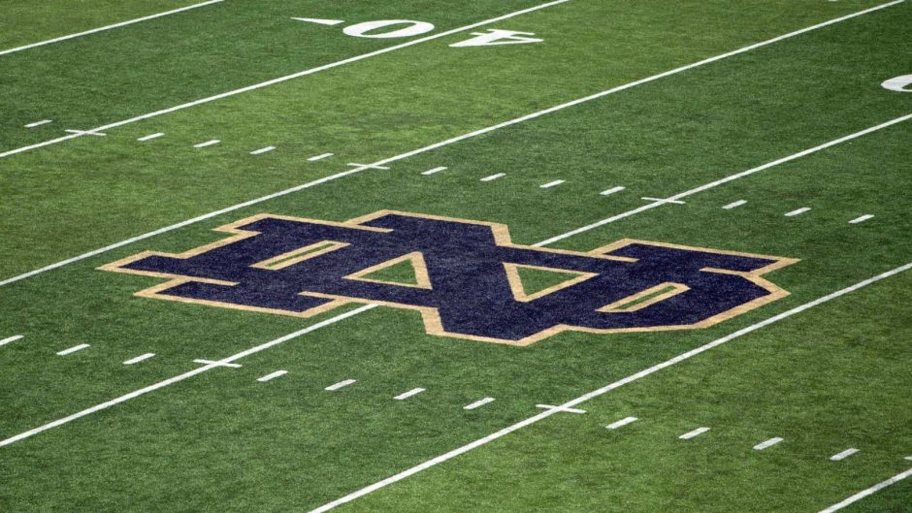 Oct 11, 2014; South Bend, IN, USA; A general view of the monogram on the 50 yard line of Notre Dame Stadium before the game between the Notre Dame Fighting Irish and the North Carolina Tar Heels. Mandatory Credit: Matt Cashore-USA TODAY Sports
