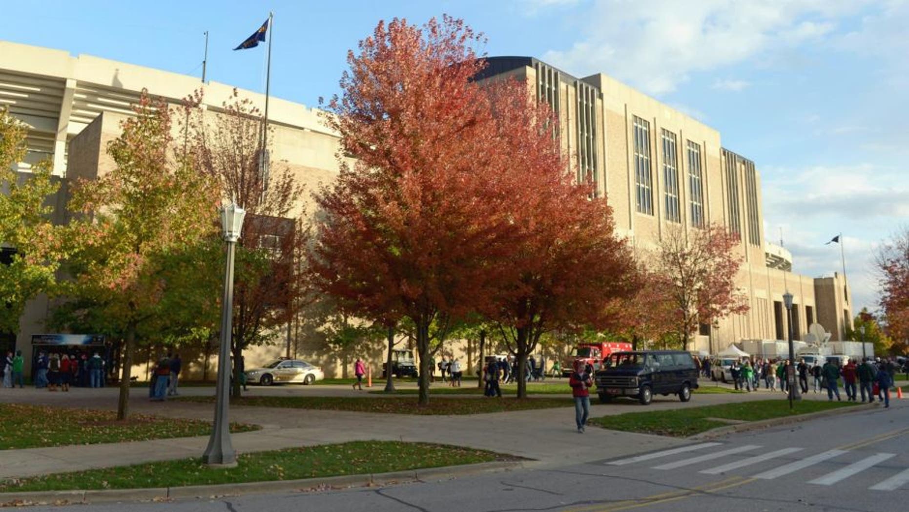 Oct 19, 2013; South Bend, IN, USA; General view of the Notre Dame Stadium exterior before the game between the Southern California Trojans and the Notre Dame Fighting Irish. Mandatory Credit: Kirby Lee-USA TODAY Sports