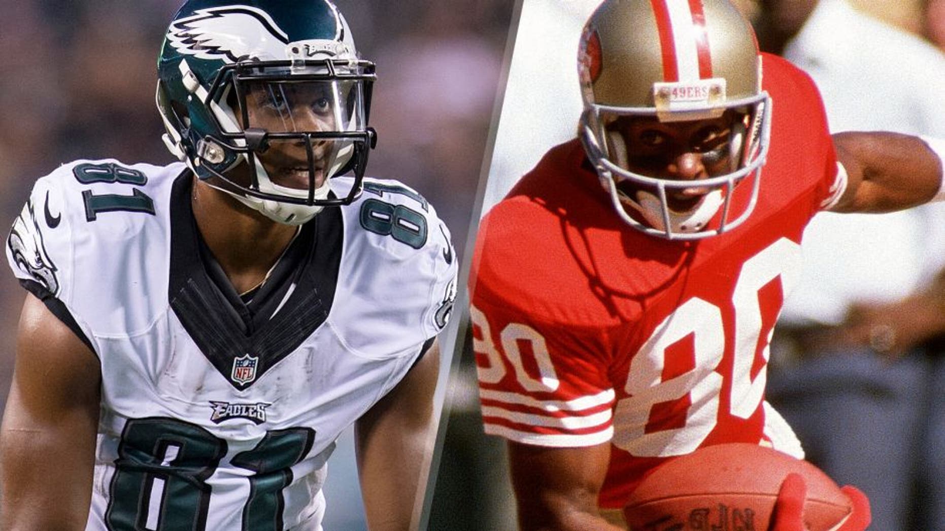 Jordan Matthews #81 of the Philadelphia Eagles plays in the game against the Baltimore Ravens on August 22, 2015 at Lincoln Financial Field in Philadelphia, Pennsylvania. (Photo by Mitchell Leff/Getty Images) Wide Receiver Jerry Rice #80 of the San Francisco 49ers carries the ball during an NFL football game circa 1991 at Candlestick Park in San Francisco, California. Rice played for the 49ers from 1985-2000. (Photo by Focus on Sport/Getty Images)