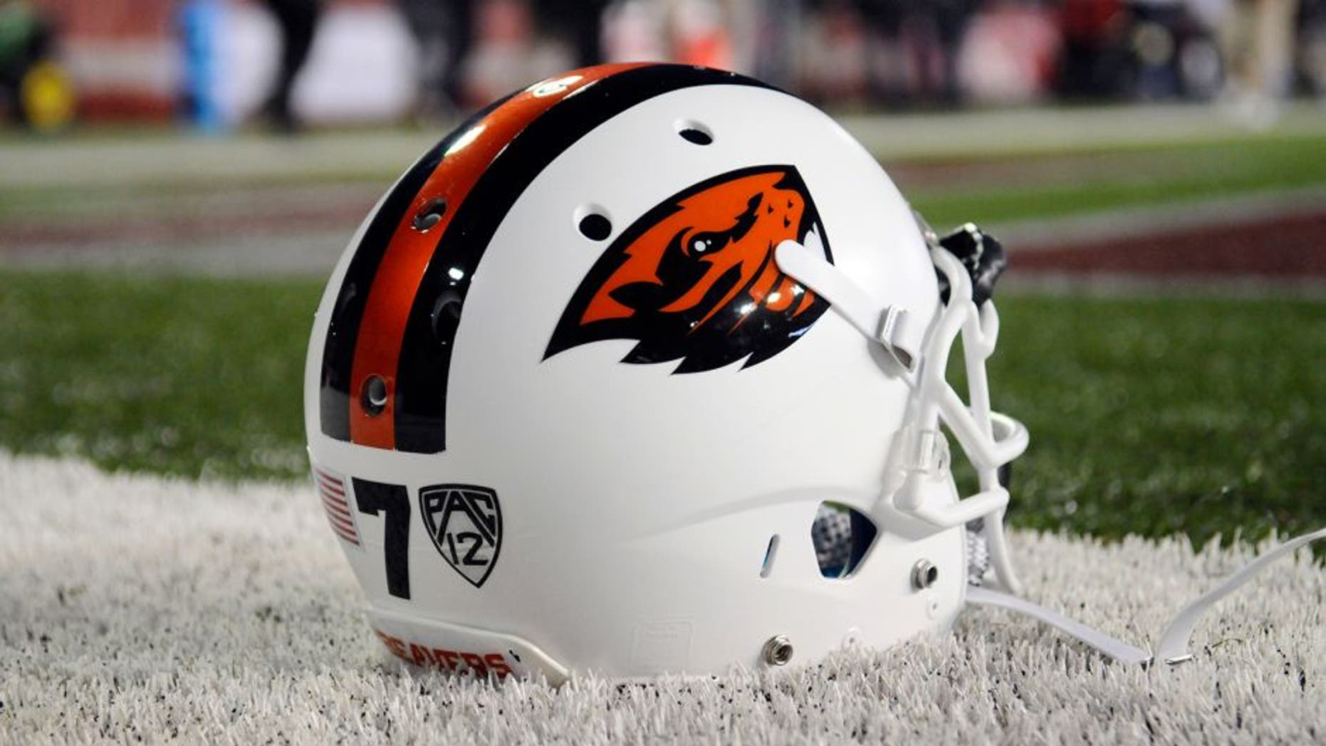 Oct 12, 2013; Pullman, WA, USA; Oregon State Beavers helmet sits on the sideline before a game against the Washington State Cougars at Martin Stadium. Mandatory Credit: James Snook-USA TODAY Sports