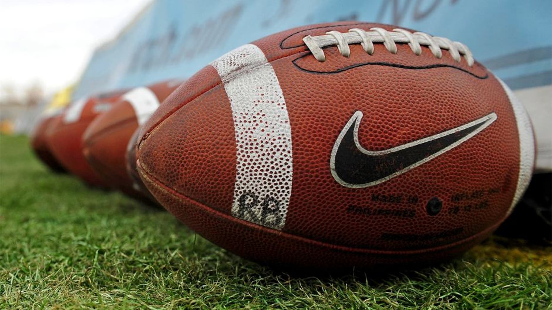 Dec. 18, 2010; Albuquerque, NM, USA; Detailed view of a Nike logo on a football prior to the game between the UTEP Miners against the BYU Cougars in the 2010 New Mexico Bowl at University Stadium. Mandatory Credit: Mark J. Rebilas-USA TODAY Sports