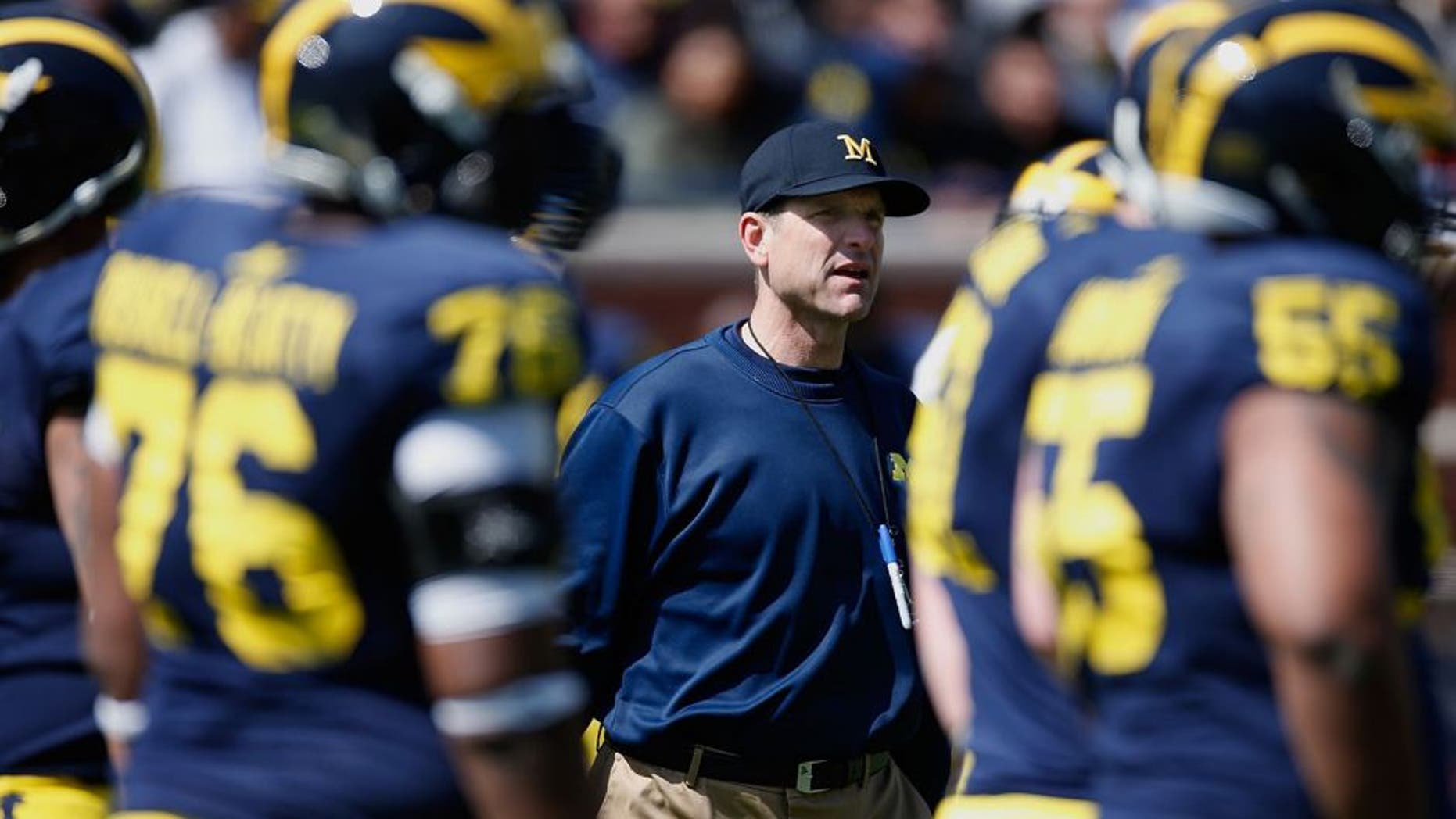 ANN ARBOR, MI - APRIL 04: Head coach Jim Harbaugh of the Michigan Wolverines looks on during the Michigan Football Spring Game on April 4, 2015 at Michigan Stadium in Ann Arbor, Michigan. (Photo by Gregory Shamus/Getty Images)