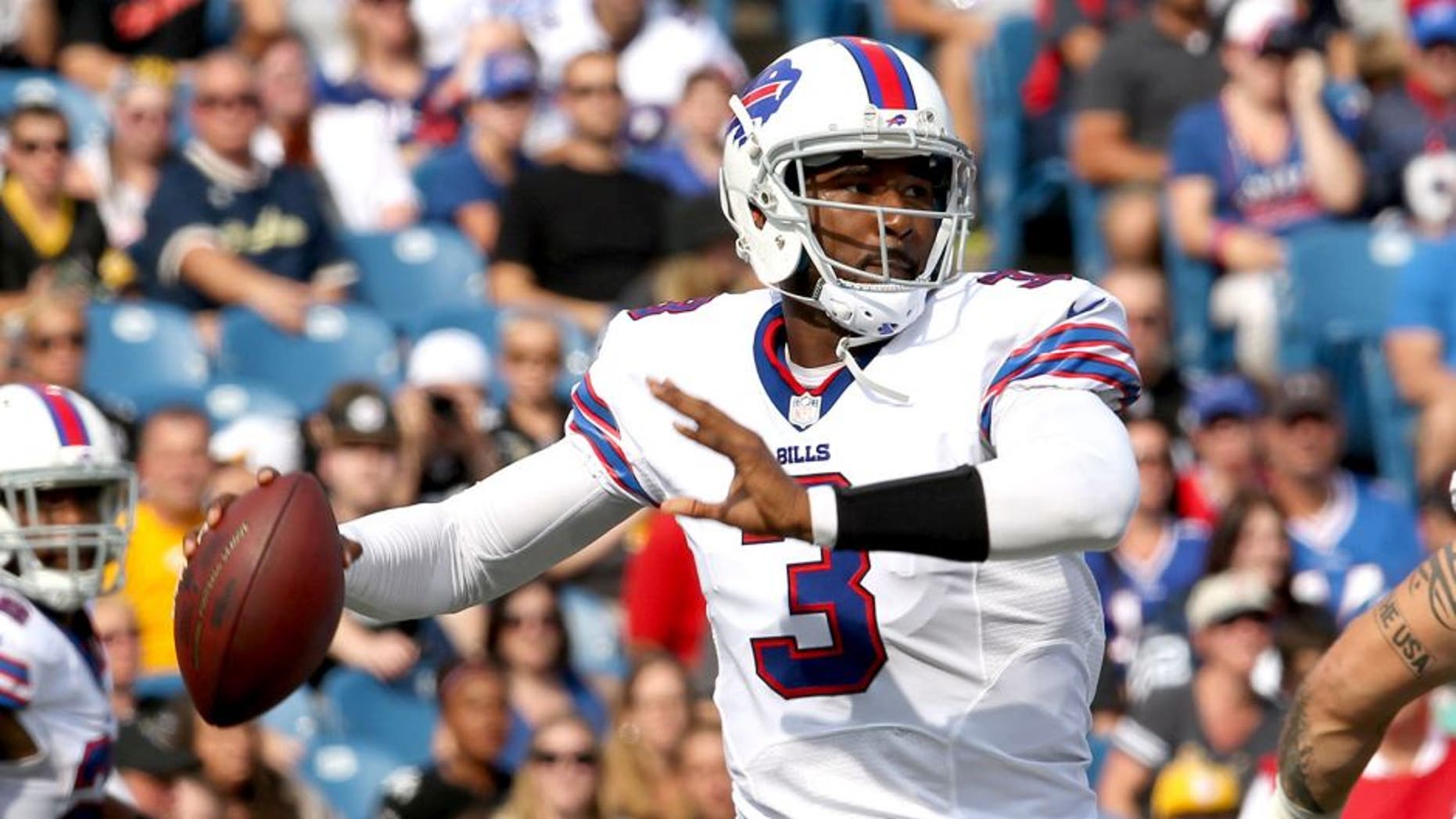 Aug 29, 2015; Orchard Park, NY, USA; Buffalo Bills quarterback EJ Manuel (3) looks to throw a pass during the first half against the Pittsburgh Steelers at Ralph Wilson Stadium. Mandatory Credit: Timothy T. Ludwig-USA TODAY Sports
