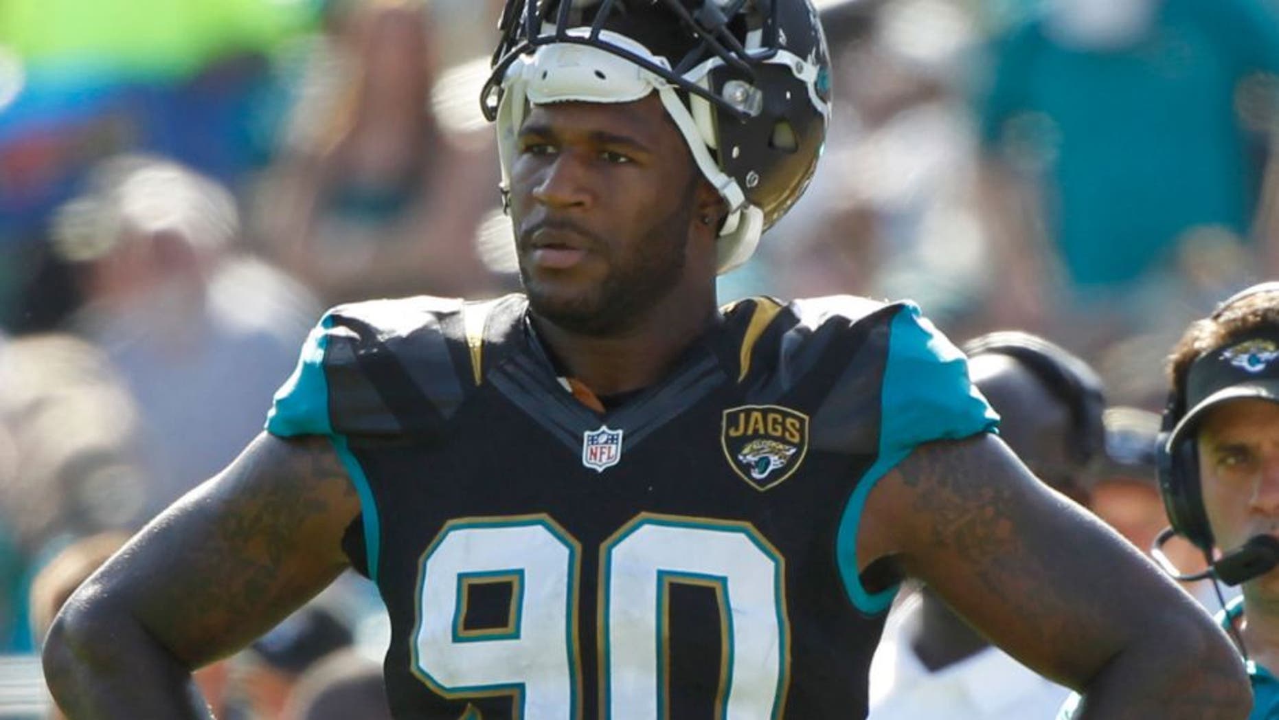 Dec 22, 2013; Jacksonville, FL, USA; Jacksonville Jaguars defensive end Andre Branch (90) during the first half against the Tennessee Titans at EverBank Field. Mandatory Credit: Kim Klement-USA TODAY Sports