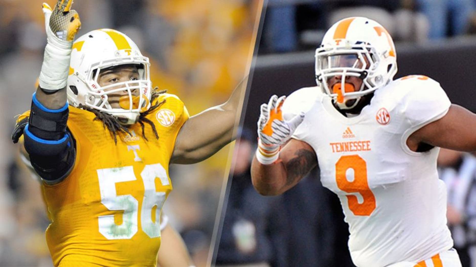 L - Nov 22, 2014; Knoxville, TN, USA; Tennessee Volunteers defensive lineman Curt Maggitt (56) during the first half against the Missouri Tigers at Neyland Stadium. Mandatory Credit: Randy Sartin-USA TODAY Sports R - NASHVILLE, TN - NOVEMBER 29: Derek Barnett #9 of the Tennessee Volunteers plays against the Vanderbilt Commodores at Vanderbilt Stadium on November 29, 2014 in Nashville, Tennessee. (Photo by Frederick Breedon/Getty Images)