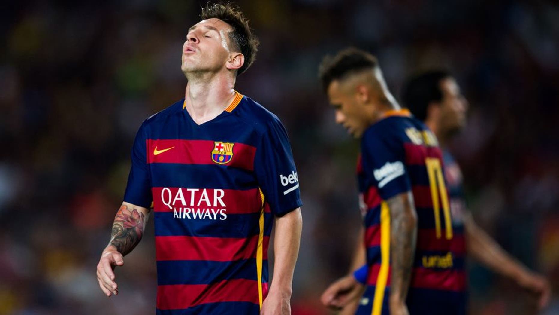 BARCELONA, SPAIN - AUGUST 29: Lionel Messi of FC Barcelona reacts during the La Liga match between FC Barcelona and Malaga CF at Camp Nou on August 29, 2015 in Barcelona, Spain. (Photo by Alex Caparros/Getty Images)