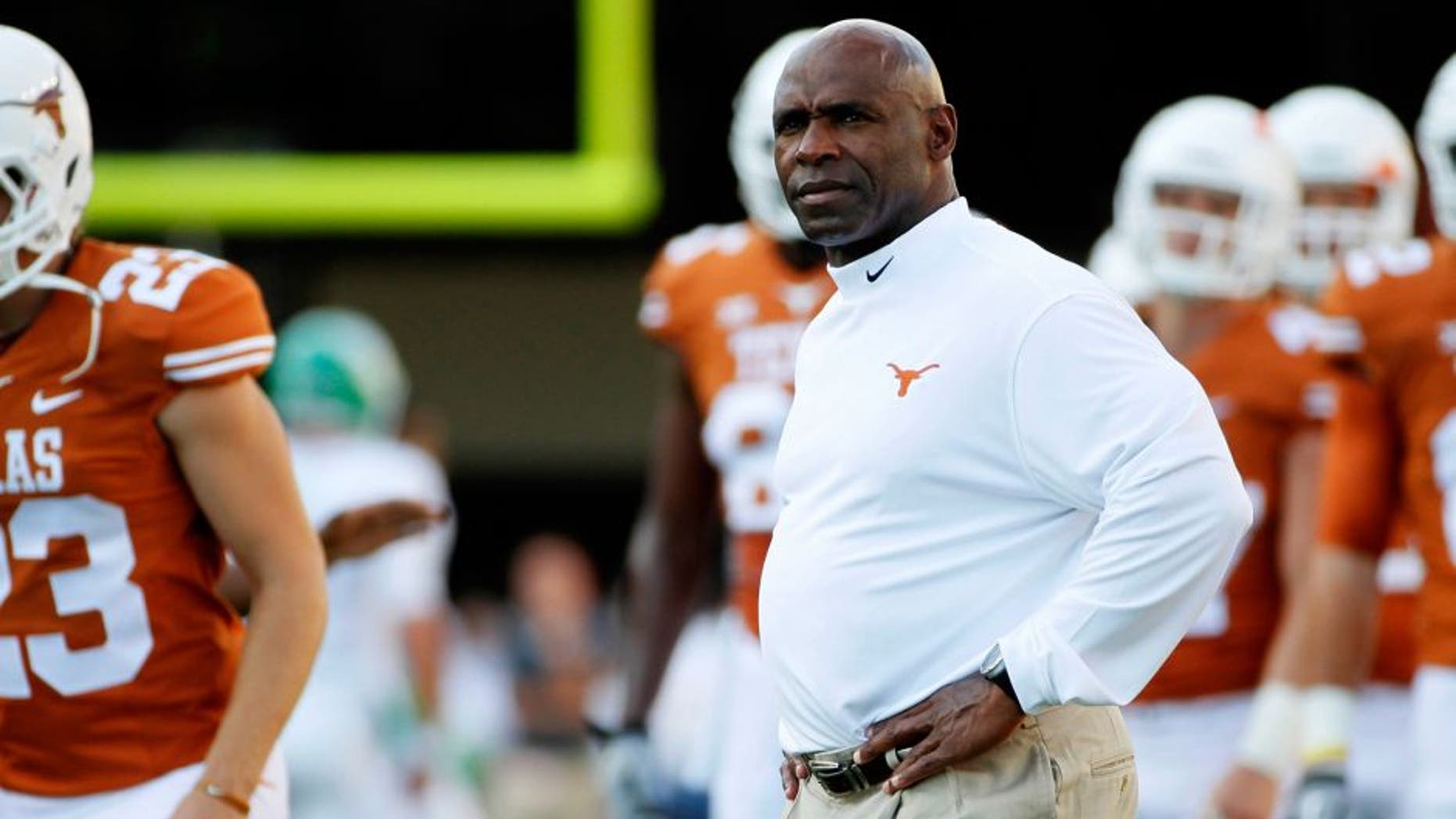 Aug 30, 2014; Austin, TX, USA; Texas Longhorns head coach Charlie Strong during warm ups before the game against the North Texas Mean Green at Darrell K Royal-Texas Memorial Stadium. Mandatory Credit: Soobum Im-USA TODAY Sports