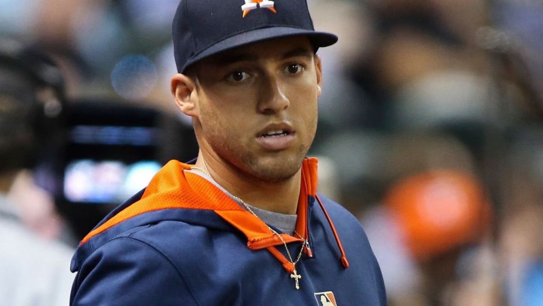 Aug 20, 2015; Houston, TX, USA; Houston Astros right fielder George Springer (4) in the dugout during the game against the Tampa Bay Rays at Minute Maid Park. Mandatory Credit: Troy Taormina-USA TODAY Sports