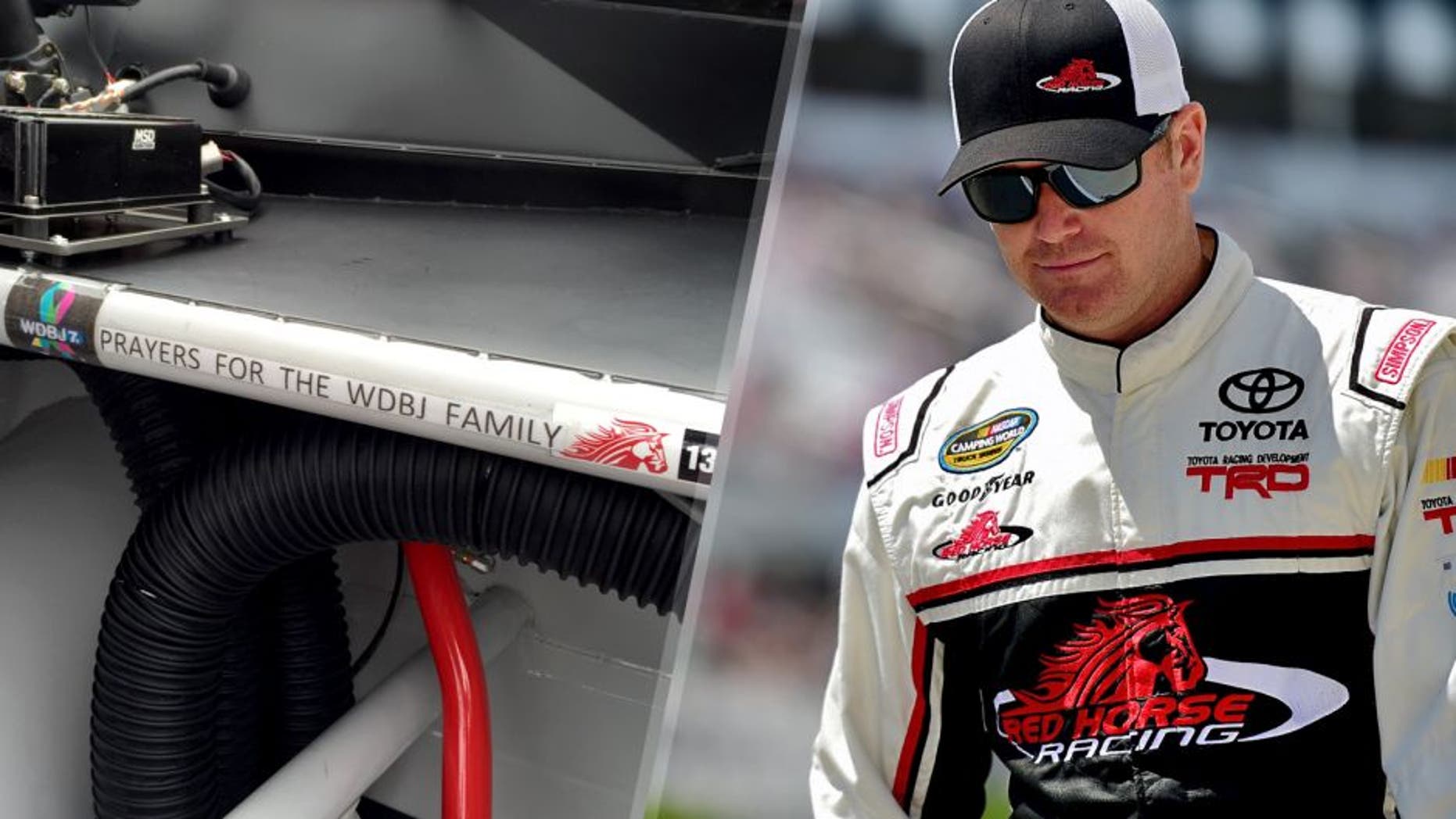 LONG POND, PA - AUGUST 01: Timothy Peters, driver of the #17 Red Horse Racing Toyota, takes part in pre-race ceremonies for the NASCAR Camping World Truck Series Pocono Mountains 150 at Pocono Raceway on August 1, 2015 in Long Pond, Pennsylvania. (Photo by Jared C. Tilton/Getty Images)