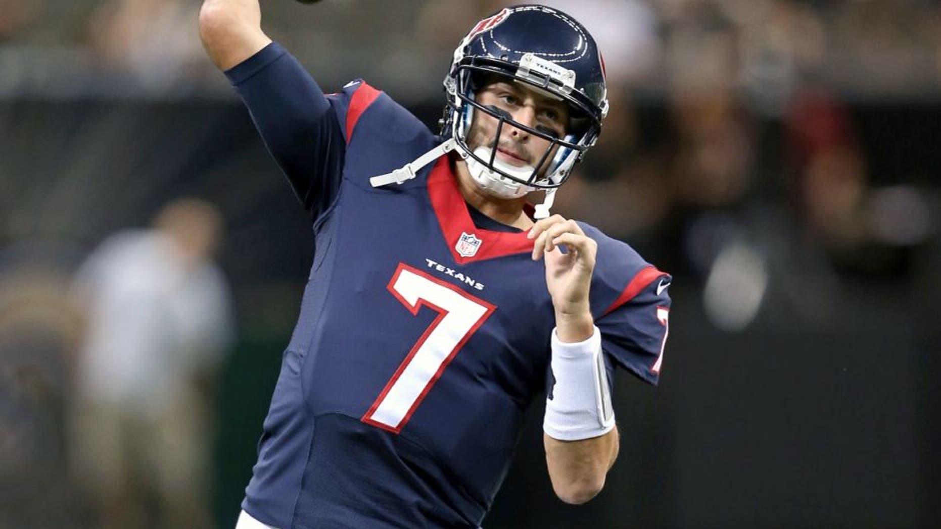 Aug 30, 2015; New Orleans, LA, USA; Houston Texans quarterback Brian Hoyer (7) throws before their game at against the New Orleans Saints the Mercedes-Benz Superdome. Mandatory Credit: Chuck Cook-USA TODAY Sports