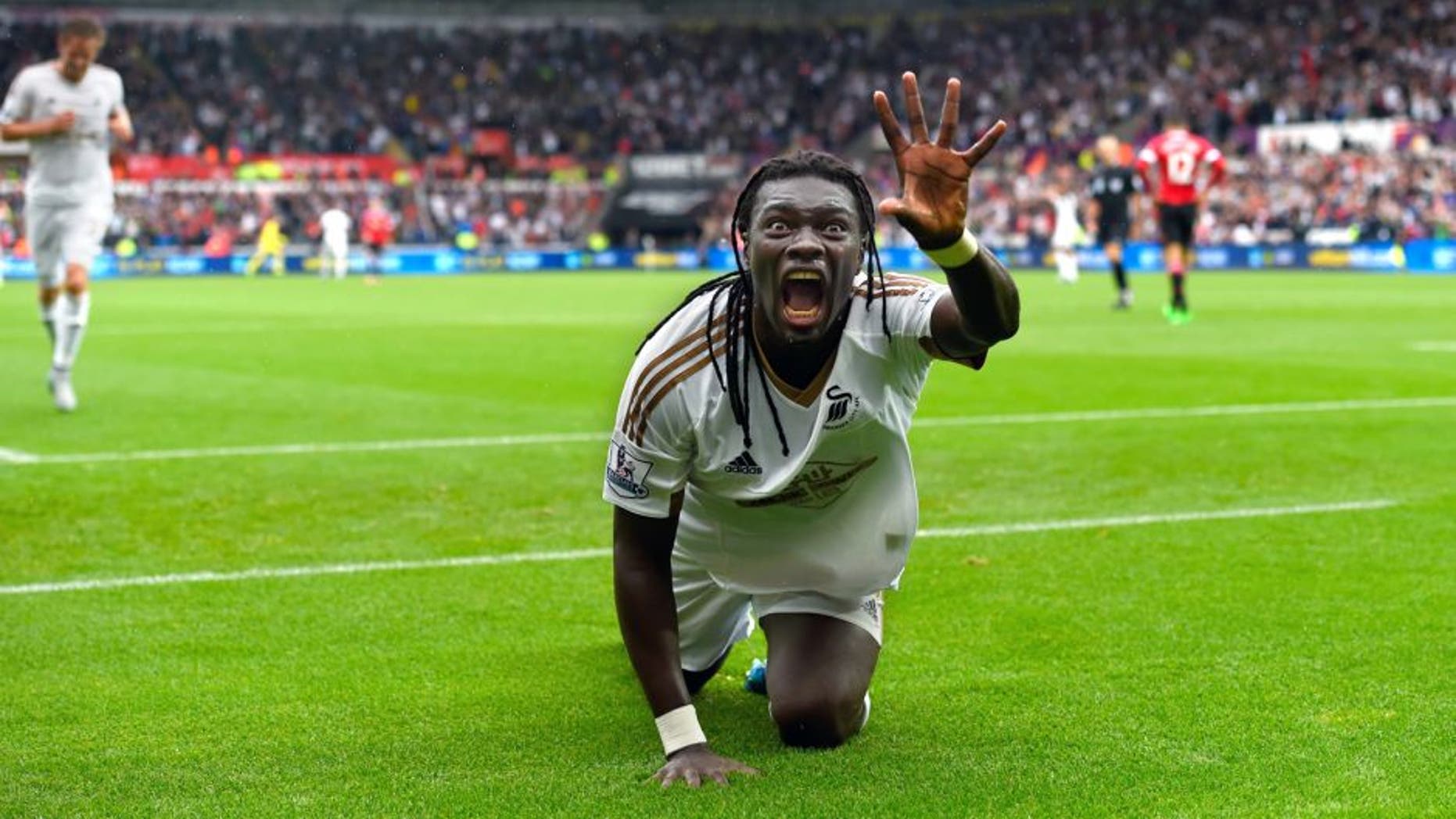SWANSEA, WALES - AUGUST 30: Swansea striker Bafetimbi Gomis celebrates after scoring the second swansea goal during the Barclays Premier League match between Swansea City and Manchester United on August 30, 2015 in Swansea, United Kingdom. (Photo by Stu Forster/Getty Images)