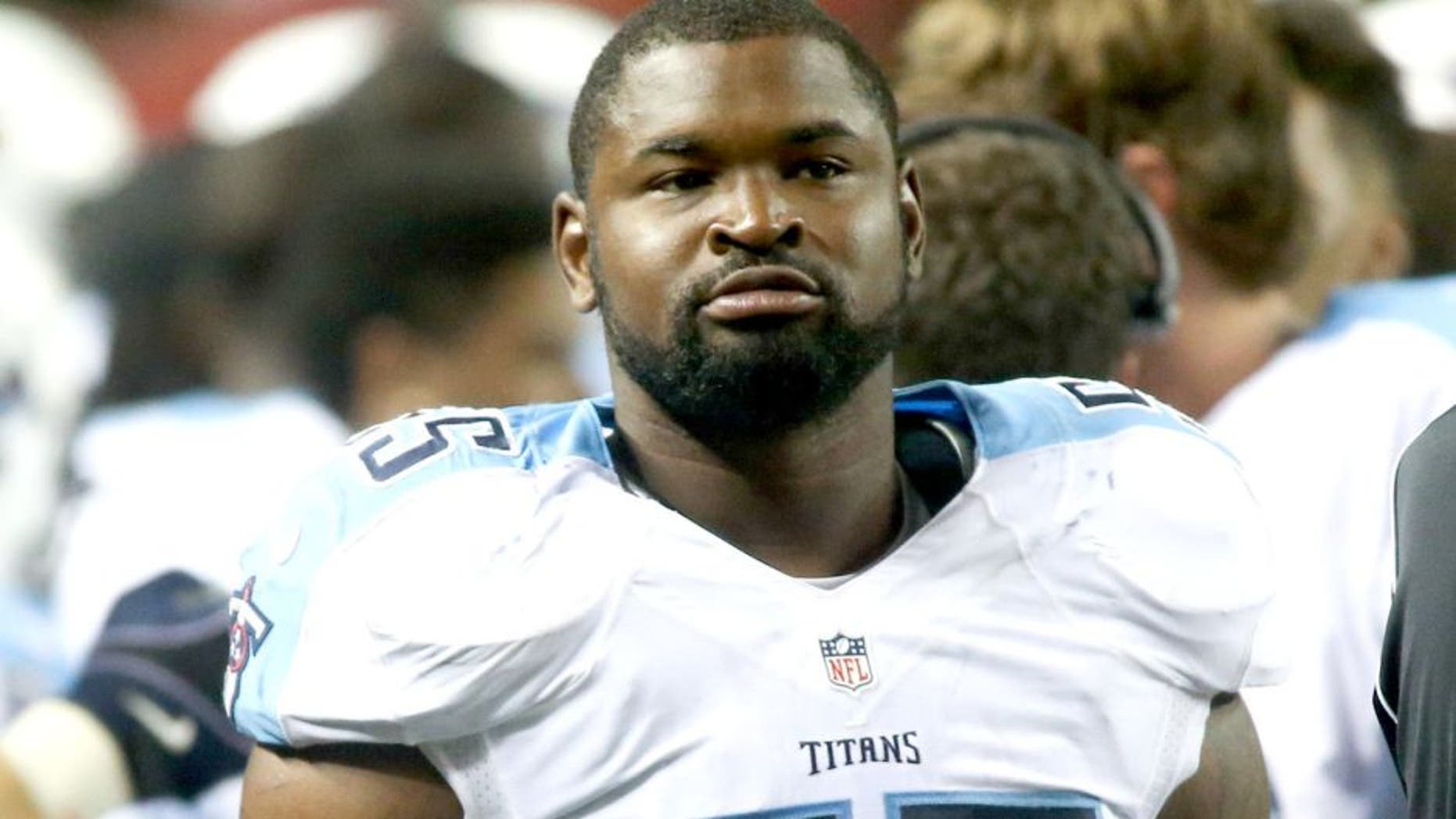 Aug 23, 2014; Atlanta, GA, USA; Tennessee Titans outside linebacker Zach Brown (55) is shown on the sideline during their game against the Atlanta Falcons at the Georgia Dome. The Titans won 24-17. Mandatory Credit: Jason Getz-USA TODAY Sports