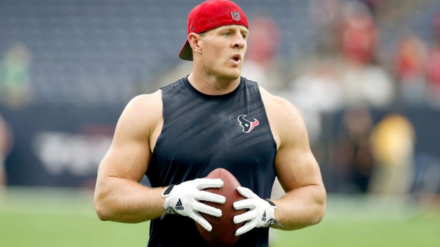 Aug 15, 2015; Houston, TX, USA; Houston Texans defensive end J.J. Watt (99) prior to the game against the San Francisco 49ers in a preseason NFL football game at NRG Stadium. Mandatory Credit: Matthew Emmons-USA TODAY Sports