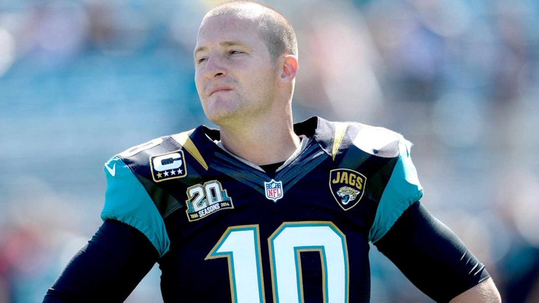 Oct 19, 2014; Jacksonville, FL, USA; Jacksonville Jaguars kicker Josh Scobee (10) at EverBank Field. Mandatory Credit: Richard Dole-USA TODAY Sports