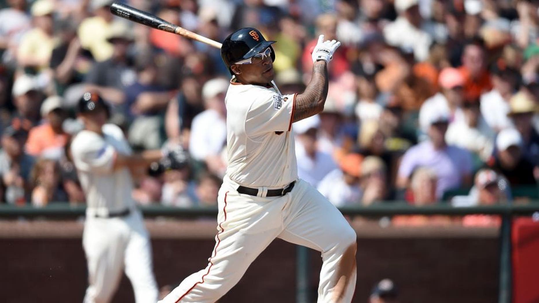 SAN FRANCISCO, CA - AUGUST 30: Marlon Byrd #6 of the San Francisco Giants hits an rbi double scoring Brandon Belt #9 against the St. Louis Cardinals in the bottom of the six inning at AT&T Park on August 30, 2015 in San Francisco, California. (Photo by Thearon W. Henderson/Getty Images)