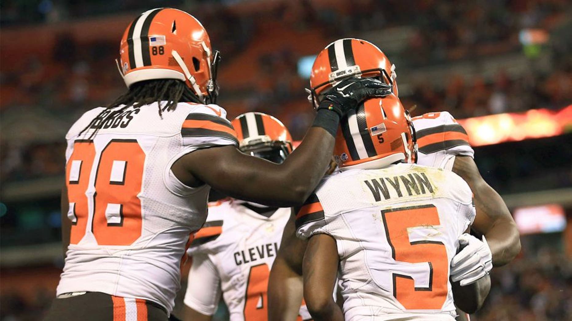 Aug 20, 2015; Cleveland, OH, USA; Cleveland Browns wide receiver Shane Wynn (5) celebrates with teammates after catching a pass for a touchdown during the fourth quarter of a preseason game against the Buffalo Bills at FirstEnergy Stadium. Mandatory Credit: Andrew Weber-USA TODAY Sports