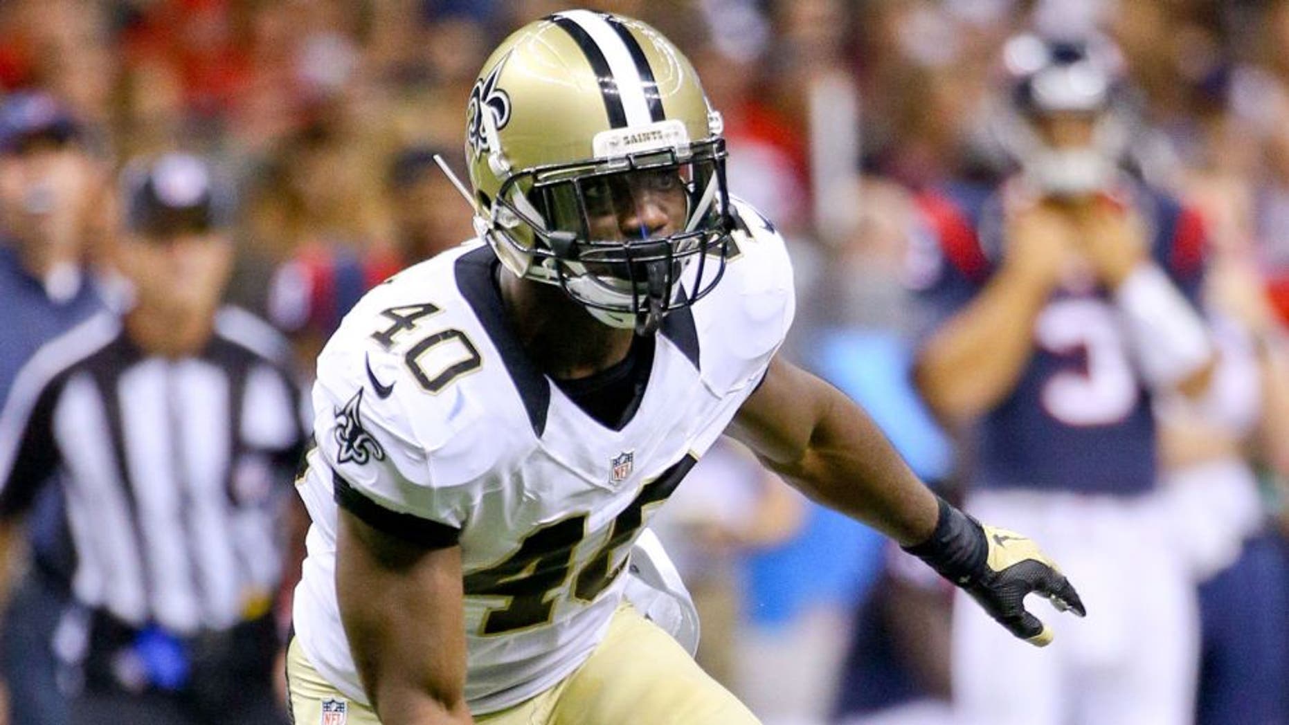 Aug 30, 2015; New Orleans, LA, USA; New Orleans Saints defensive back Delvin Breaux (40) against the Houston Texans during the first half of a preseason game at the Mercedes-Benz Superdome. Mandatory Credit: Derick E. Hingle-USA TODAY Sports