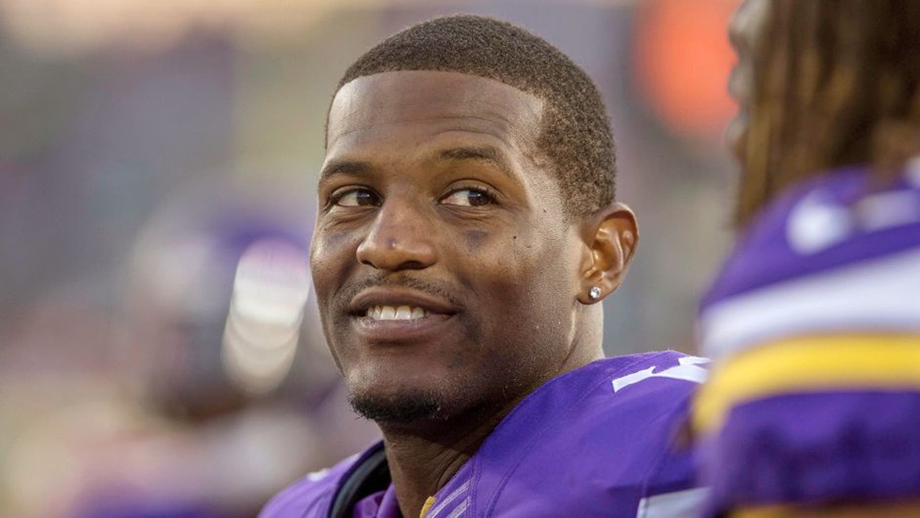 Aug 15, 2015; Minneapolis, MN, USA; Minnesota Vikings wide receiver Mike Wallace (11) stands along the sidelines in the preseason NFL football game with the Tampa Bay Buccaneers at TCF Bank Stadium. The Vikings win 26-16. Mandatory Credit: Bruce Kluckhohn-USA TODAY Sports