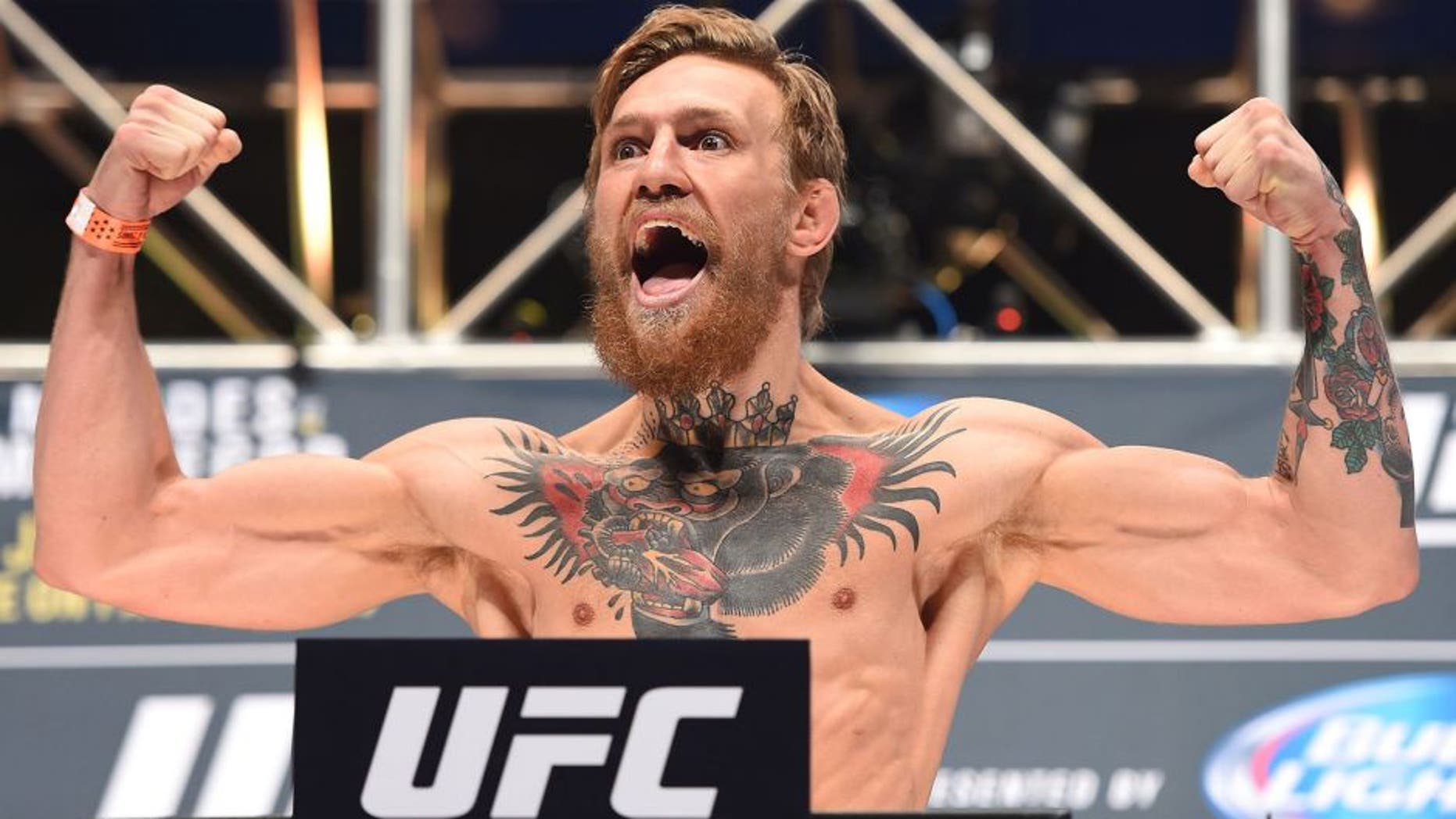 LAS VEGAS, NV - JULY 10: Conor McGregor steps onto the scale during the UFC 189 weigh-in inside MGM Grand Garden Arena on July 10, 2015 in Las Vegas, Nevada. (Photo by Josh Hedges/Zuffa LLC/Zuffa LLC via Getty Images)