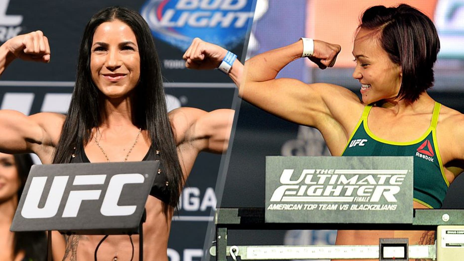 MEXICO CITY, MEXICO - JUNE 12: Tecia Torres of the United States steps on the scale during the UFC 188 weigh-in inside the Arena Ciudad de Mexico on June 12, 2015 in Mexico City, Mexico. (Photo by Josh Hedges/Zuffa LLC/Zuffa LLC via Getty Images) LAS VEGAS, NEVADA - JULY 11: Michelle Waterson steps onto the scale during the TUF 21 Finale Weigh-in at the UFC Fan Expo in the Sands Expo and Convention Center on July 11, 2015 in Las Vegas Nevada. (Photo by Brandon Magnus/Zuffa LLC/Zuffa LLC via Getty Images)