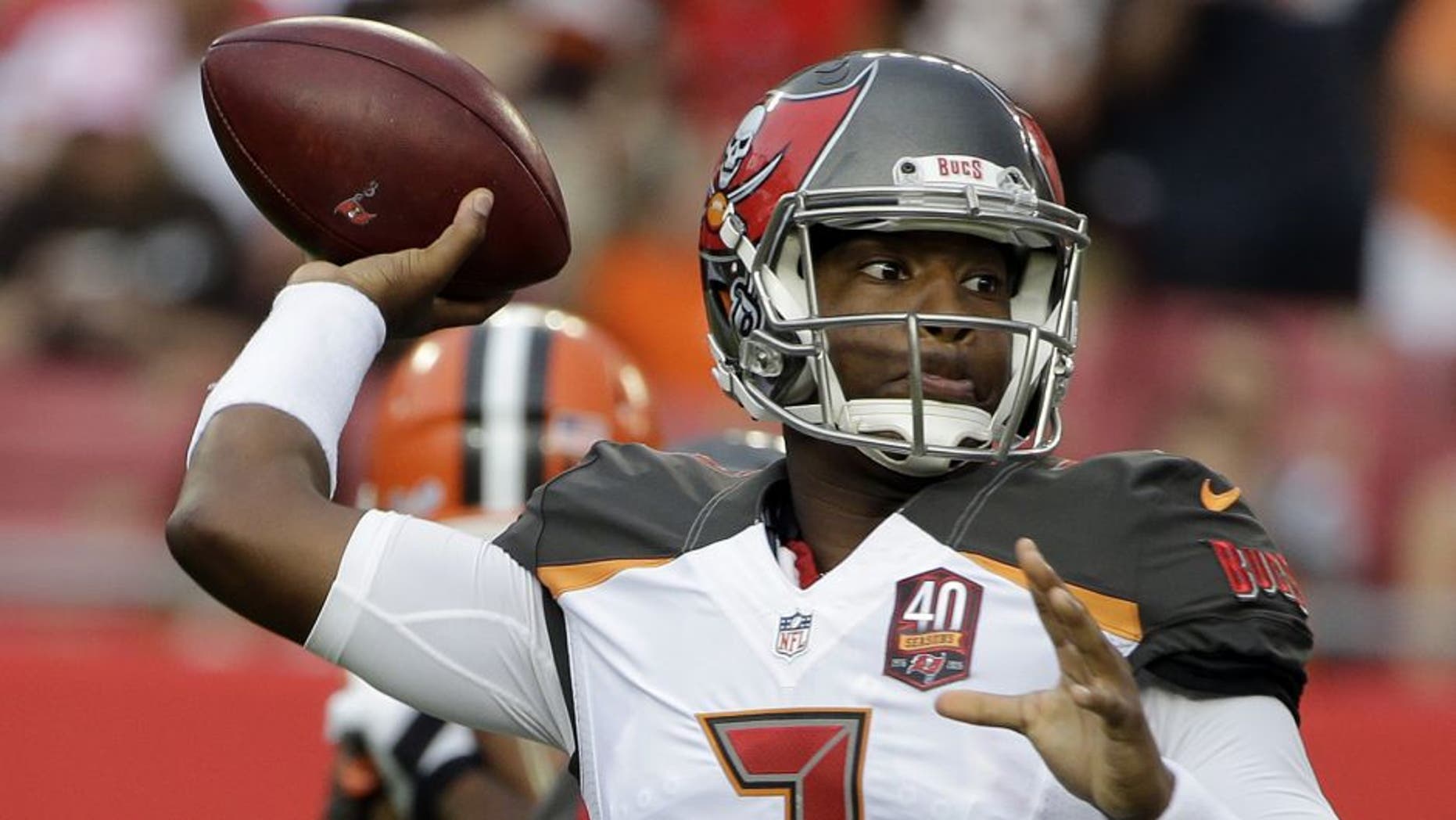 Tampa Bay Buccaneers quarterback Jameis Winston (3) throws a pass against the Cleveland Browns during the first quarter of an NFL preseason football game Saturday, Aug. 29, 2015, in Tampa, Fla. (AP Photo/Chris O'Meara)