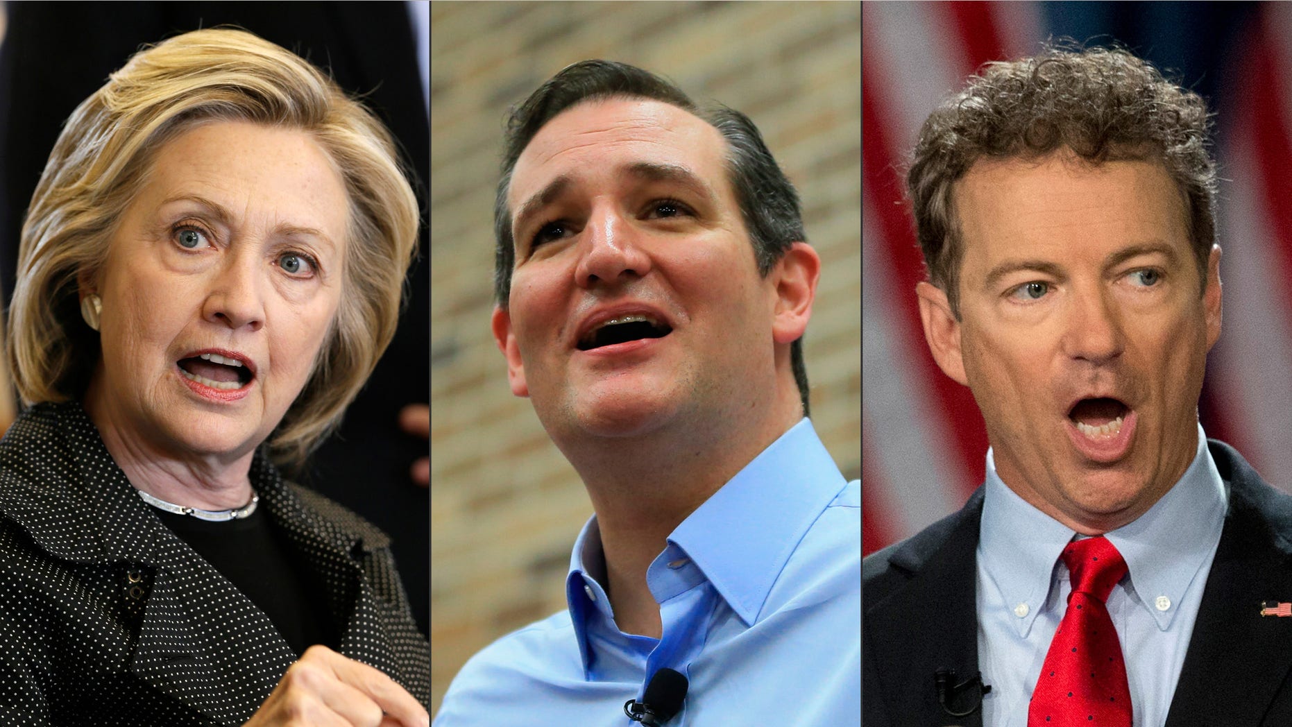 This photo combination shows, from left, Democratic presidential candidate Hillary Rodham Clinton, left, Republican presidential candidate, U.S. Sen. Ted Cruz, of Texas, and Republican presidential candidate Rand Paul, of Kentucky. Small businesses arenât in the dire straits they were four years ago, but presidential candidates arenât letting go of an issue they think will get them votes. (AP Photo/Charlie Neibergall/Nati Harnik/Carloyn Kaster)