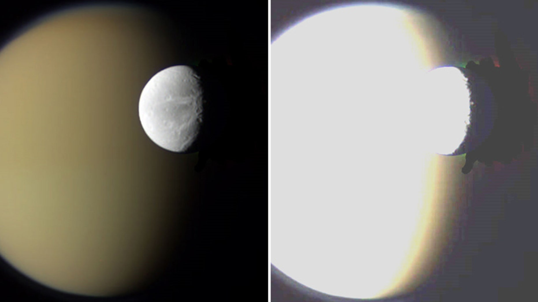The NASA image of Saturn's moons Dione and Titan, left, and the high-contrast version showing black Photoshop marks at far right.