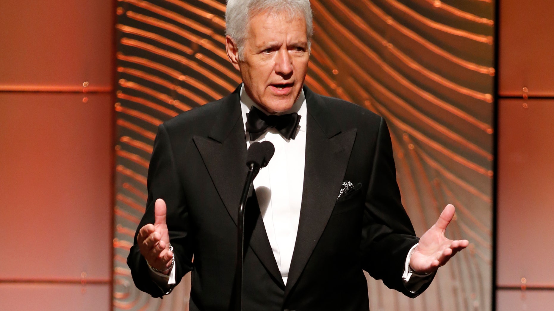 June 16, 2013. Alex Trebek speaks on stage during the 40th annual Daytime Emmy Awards in Beverly Hills, California.