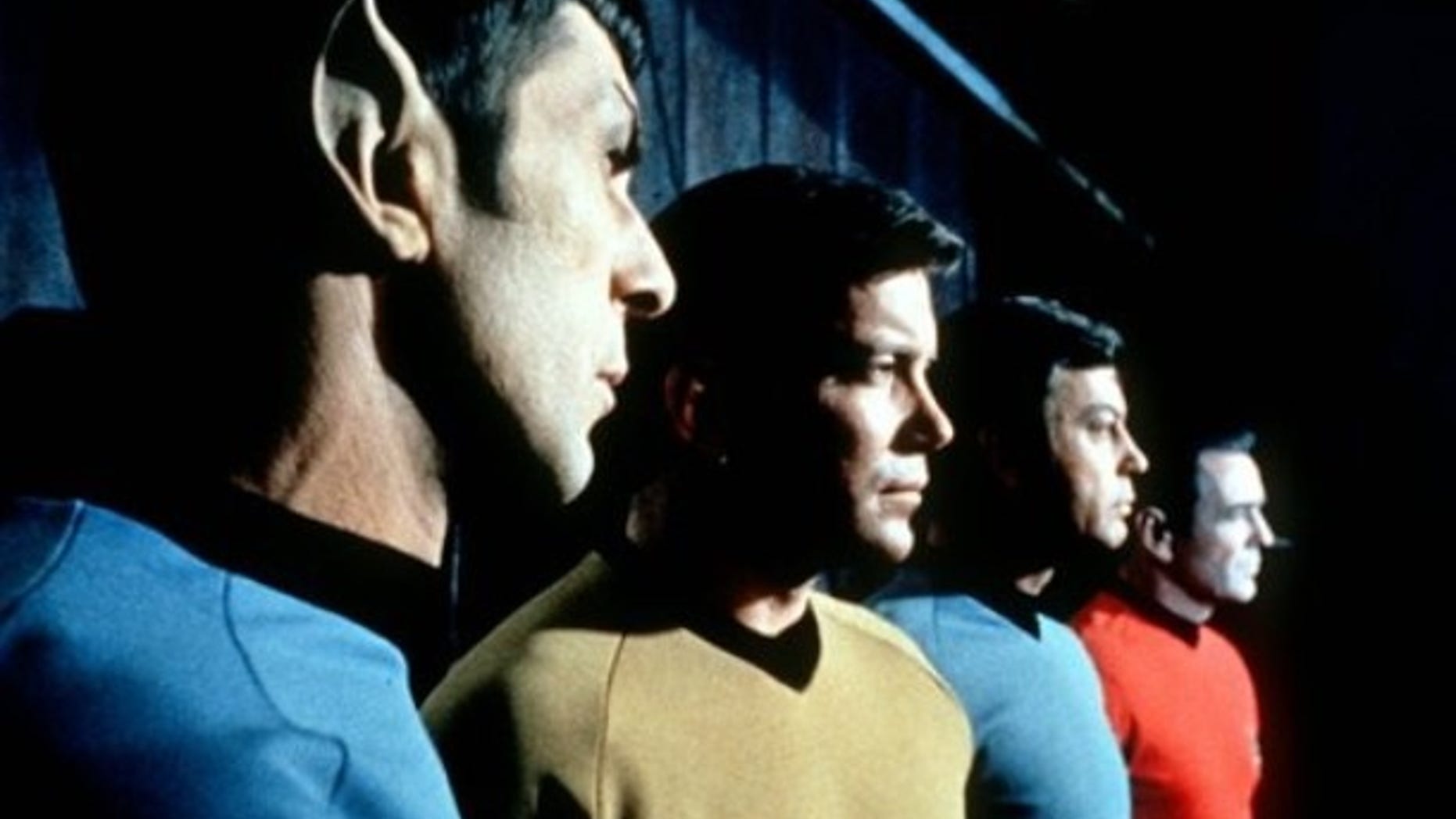 FILE- This undated file photo shows actors in the TV series "Star Trek," from left, Leonard Nimoy as Commander Spock, William Shatner as Captain Kirk, DeForest Kelley as Doctor McCoy and James Doohan as Commander Scott. (AP Photo/Paramount Television ,File) ** NO SALES **