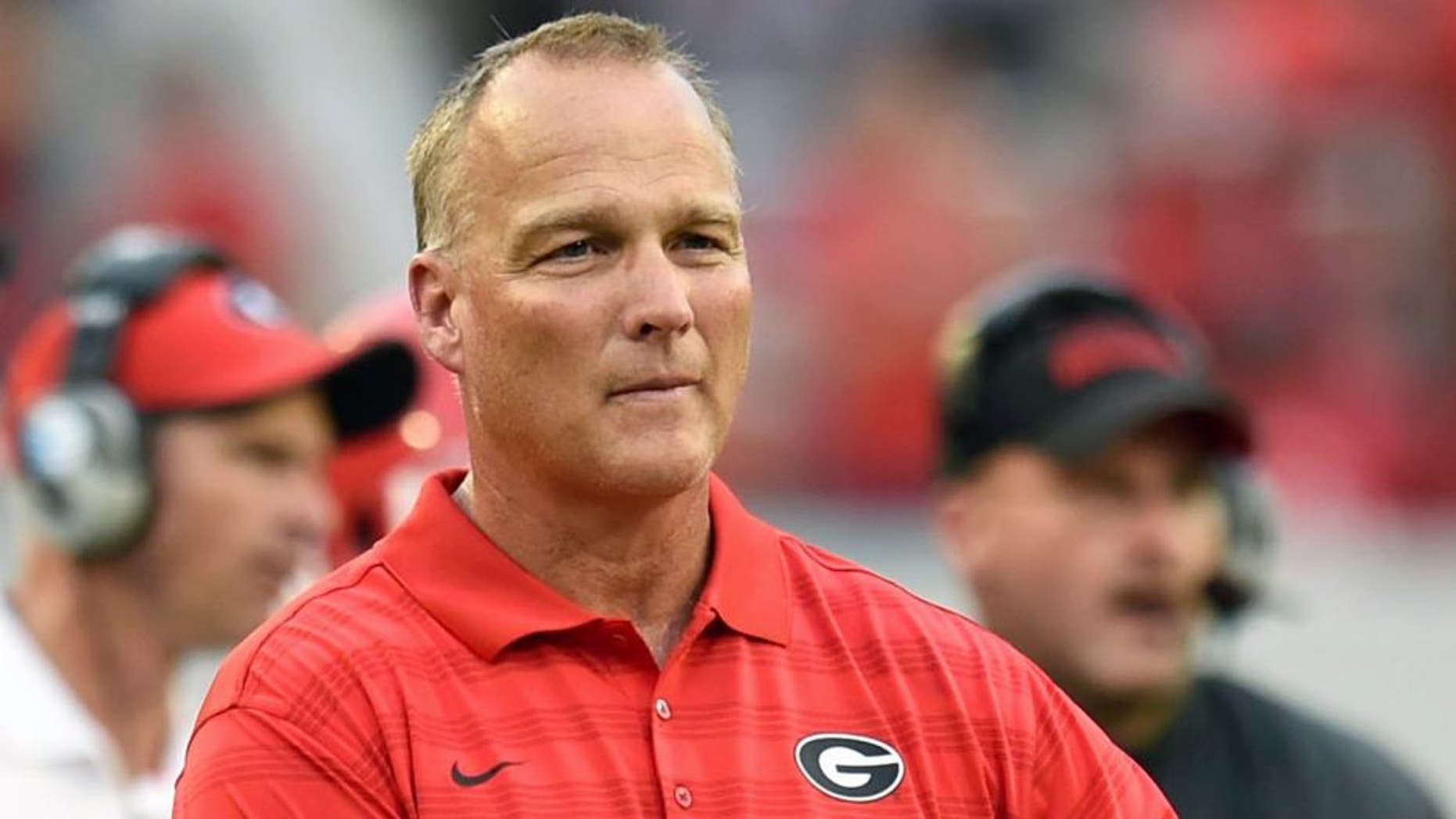 Aug 30, 2014; Athens, GA, USA; Georgia Bulldogs head coach Mark Richt shown on the sidelines during the game against the Clemson Tigers during the first half at Sanford Stadium. Georgia defeated Clemson 45-21. Mandatory Credit: Dale Zanine-USA TODAY Sports